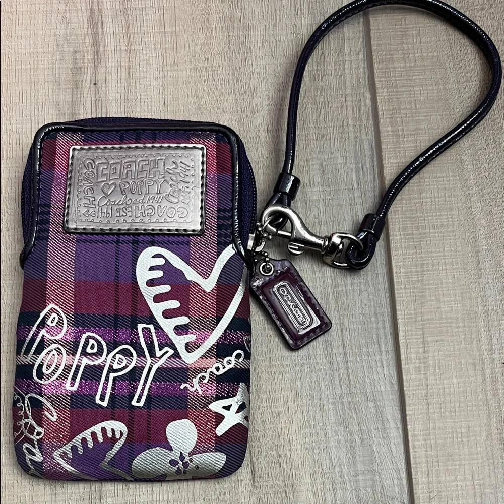 Coach Purple Plaid Poppy Phone Wristlet - Picture 1 of 3
